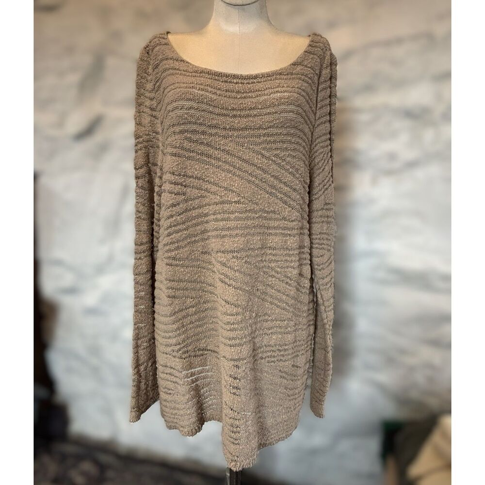 Donna Karan Signature‎ Italy Y2K Open Knit Sweater Taupe Quiet Luxury Coastal Lg